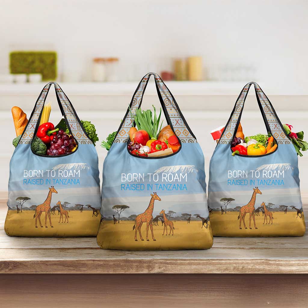 Tanzania Safari Giraffe Grocery Bag - Tribal Patterns and Mount Kilimanjaro Scene