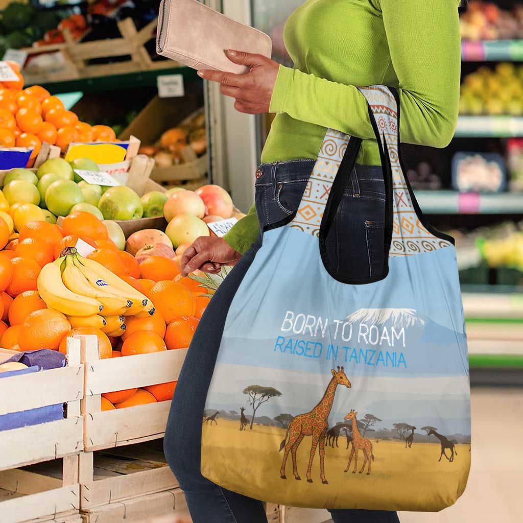 Tanzania Safari Giraffe Grocery Bag - Tribal Patterns and Mount Kilimanjaro Scene
