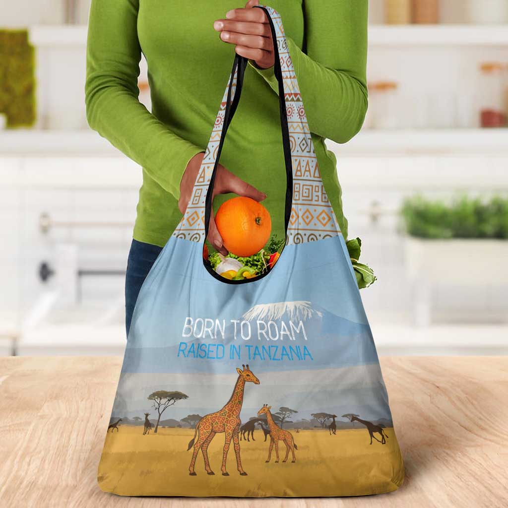 Tanzania Safari Giraffe Grocery Bag - Tribal Patterns and Mount Kilimanjaro Scene