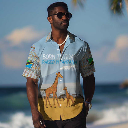 Tanzania Safari Giraffe Hawaiian Shirt - Tribal Patterns and Mount Kilimanjaro Scene