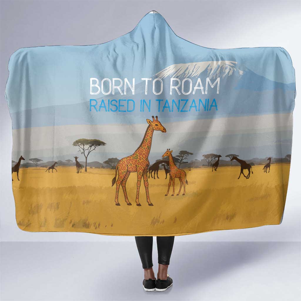 Tanzania Safari Giraffe Hooded Blanket - Tribal Patterns and Mount Kilimanjaro Scene