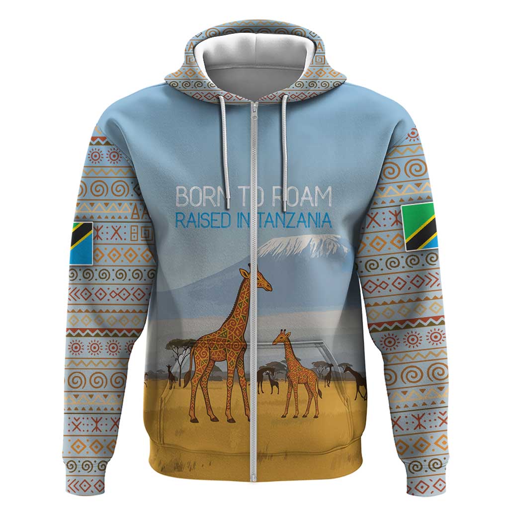 Tanzania Safari Giraffe Hoodie - Tribal Patterns and Mount Kilimanjaro Scene