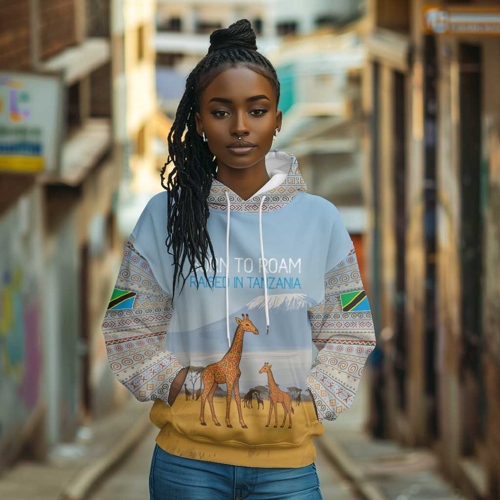 Tanzania Safari Giraffe Hoodie - Tribal Patterns and Mount Kilimanjaro Scene