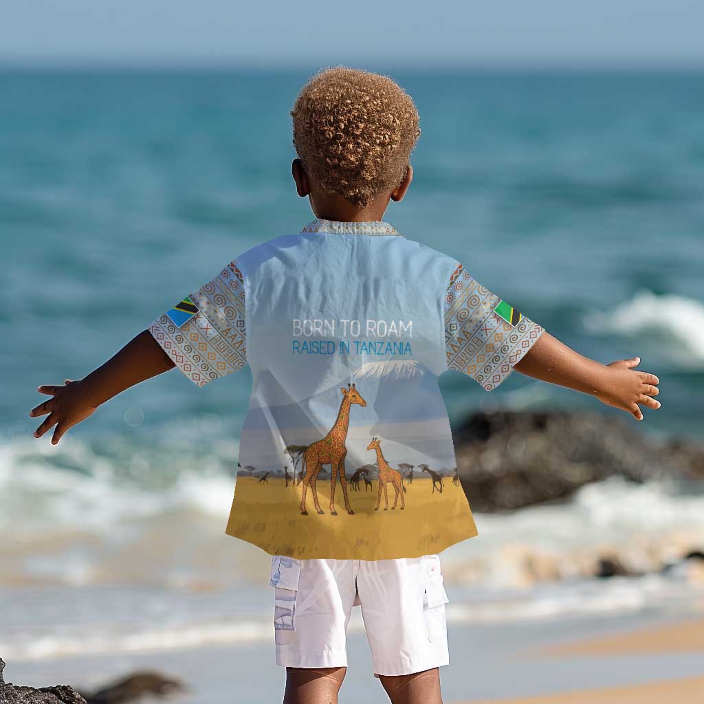 Tanzania Safari Giraffe Kid Hawaiian Shirt - Tribal Patterns and Mount Kilimanjaro Scene