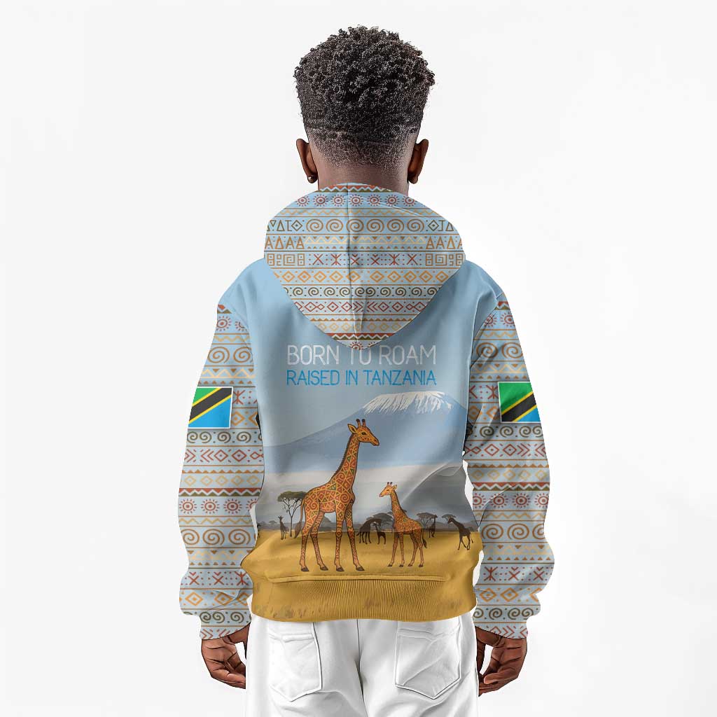 Tanzania Safari Giraffe Kid Hoodie - Tribal Patterns and Mount Kilimanjaro Scene