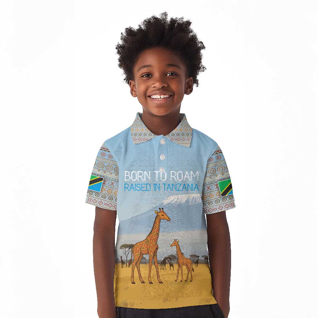 Tanzania Safari Giraffe Kid Polo Shirt - Tribal Patterns and Mount Kilimanjaro Scene