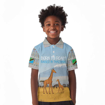 Tanzania Safari Giraffe Kid Polo Shirt - Tribal Patterns and Mount Kilimanjaro Scene