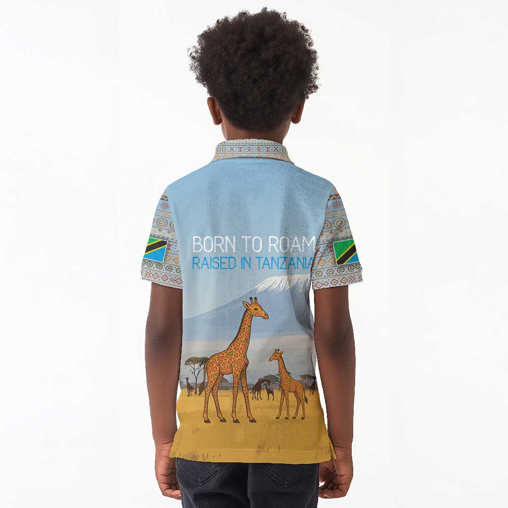 Tanzania Safari Giraffe Kid Polo Shirt - Tribal Patterns and Mount Kilimanjaro Scene