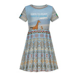 Tanzania Safari Giraffe Kid Short Sleeve Dress - Tribal Patterns and Mount Kilimanjaro Scene