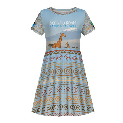 Tanzania Safari Giraffe Kid Short Sleeve Dress - Tribal Patterns and Mount Kilimanjaro Scene