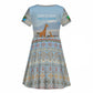 Tanzania Safari Giraffe Kid Short Sleeve Dress - Tribal Patterns and Mount Kilimanjaro Scene