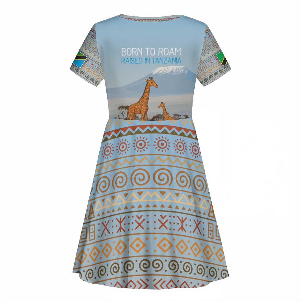 Tanzania Safari Giraffe Kid Short Sleeve Dress - Tribal Patterns and Mount Kilimanjaro Scene