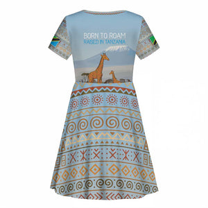 Tanzania Safari Giraffe Kid Short Sleeve Dress - Tribal Patterns and Mount Kilimanjaro Scene