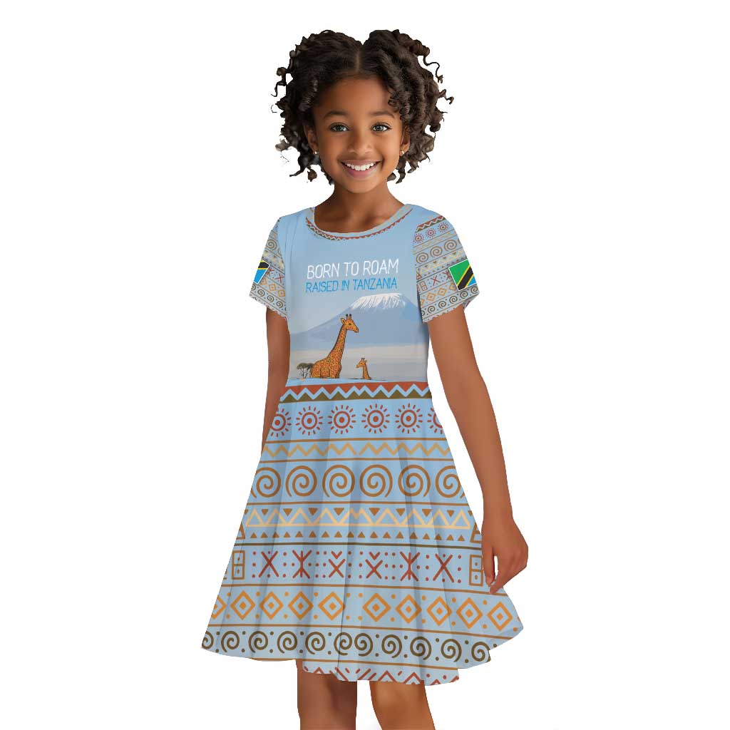 Tanzania Safari Giraffe Kid Short Sleeve Dress - Tribal Patterns and Mount Kilimanjaro Scene