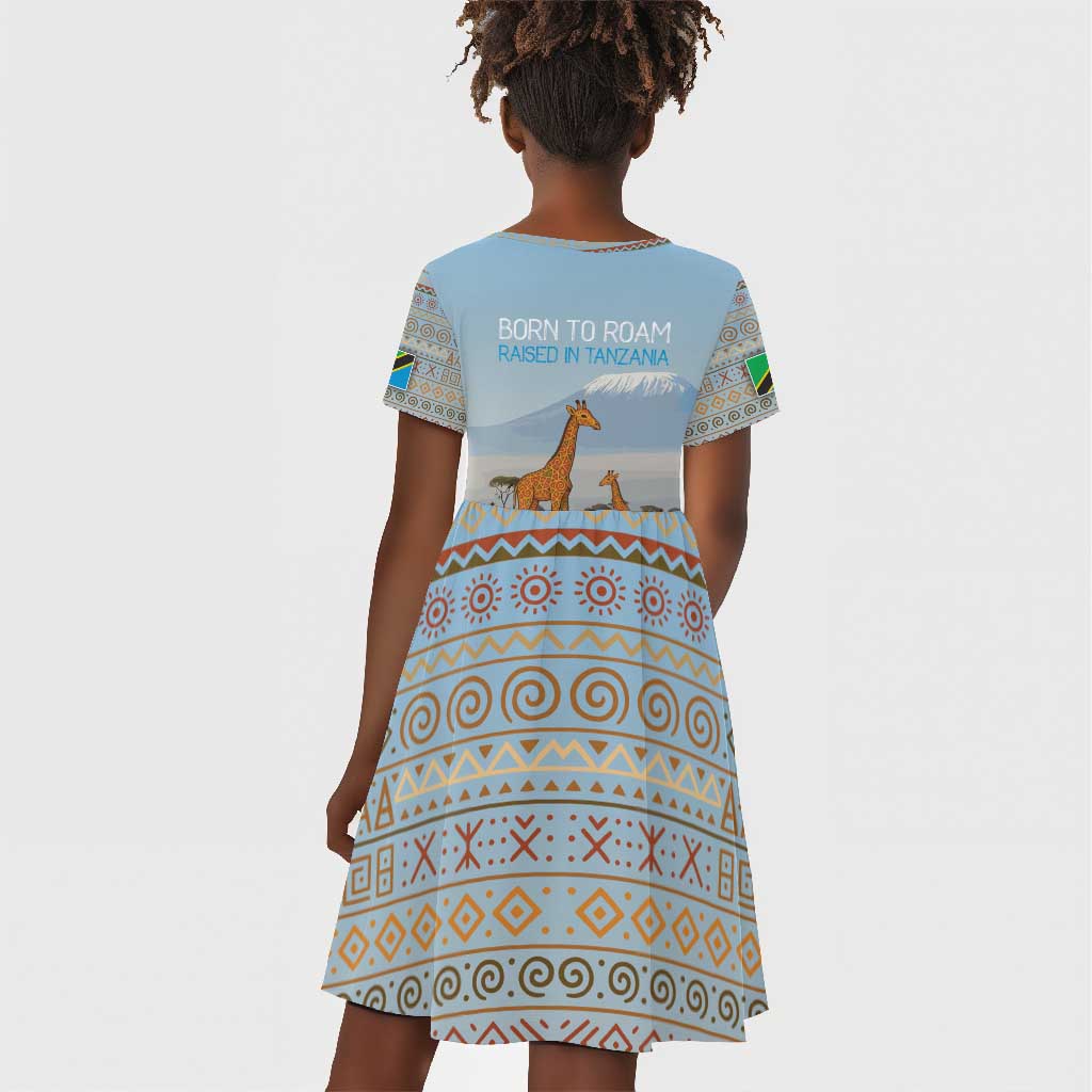 Tanzania Safari Giraffe Kid Short Sleeve Dress - Tribal Patterns and Mount Kilimanjaro Scene