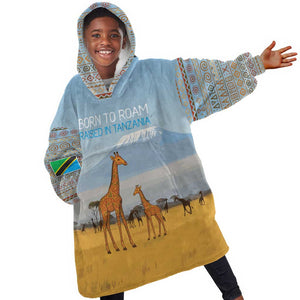 Tanzania Safari Giraffe Kid Wearable Blanket Hoodie - Tribal Patterns and Mount Kilimanjaro Scene
