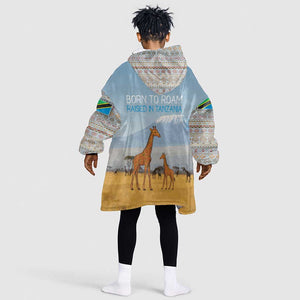 Tanzania Safari Giraffe Kid Wearable Blanket Hoodie - Tribal Patterns and Mount Kilimanjaro Scene