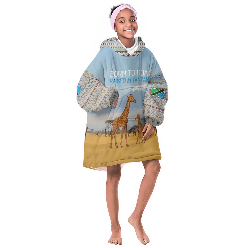 Tanzania Safari Giraffe Kid Wearable Blanket Hoodie - Tribal Patterns and Mount Kilimanjaro Scene