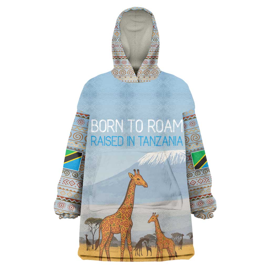 Tanzania Safari Giraffe Kid Wearable Blanket Hoodie - Tribal Patterns and Mount Kilimanjaro Scene