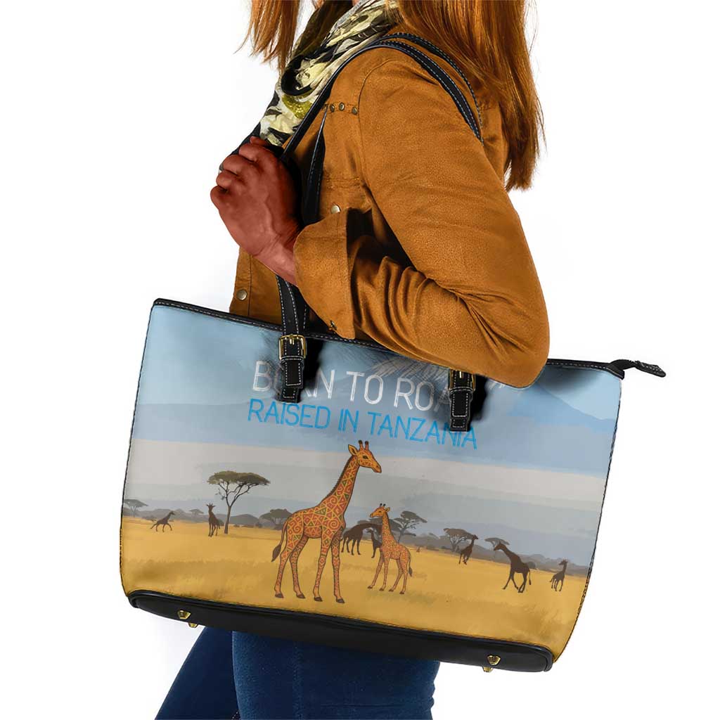 Tanzania Safari Giraffe Leather Tote Bag - Tribal Patterns and Mount Kilimanjaro Scene