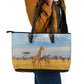 Tanzania Safari Giraffe Leather Tote Bag - Tribal Patterns and Mount Kilimanjaro Scene
