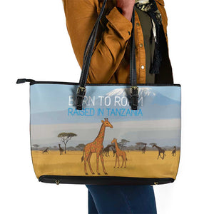 Tanzania Safari Giraffe Leather Tote Bag - Tribal Patterns and Mount Kilimanjaro Scene