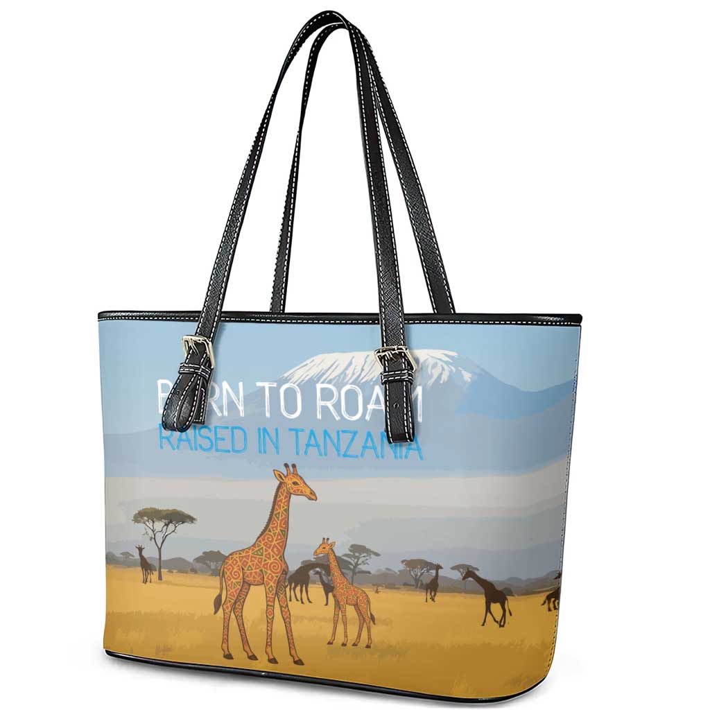 Tanzania Safari Giraffe Leather Tote Bag - Tribal Patterns and Mount Kilimanjaro Scene