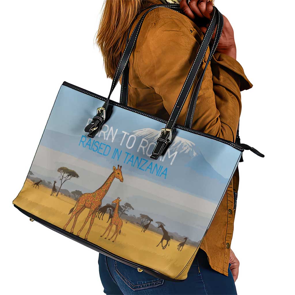 Tanzania Safari Giraffe Leather Tote Bag - Tribal Patterns and Mount Kilimanjaro Scene