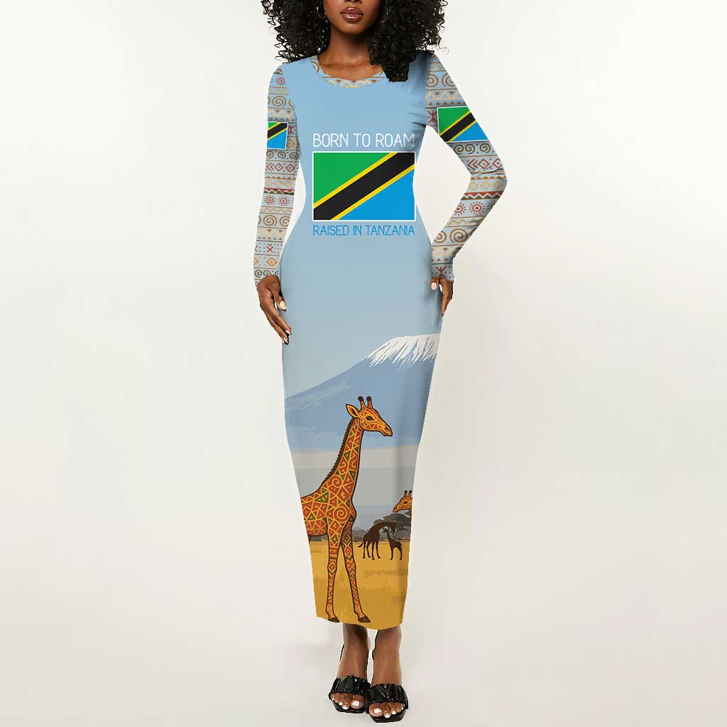 Tanzania Safari Giraffe Long Sleeve Bodycon Dress - Tribal Patterns and Mount Kilimanjaro Scene