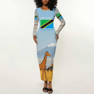 Tanzania Safari Giraffe Long Sleeve Bodycon Dress - Tribal Patterns and Mount Kilimanjaro Scene