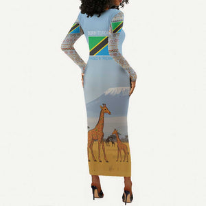Tanzania Safari Giraffe Long Sleeve Bodycon Dress - Tribal Patterns and Mount Kilimanjaro Scene