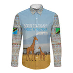 Tanzania Safari Giraffe Long Sleeve Button Shirt - Tribal Patterns and Mount Kilimanjaro Scene