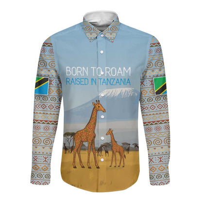 Tanzania Safari Giraffe Long Sleeve Button Shirt - Tribal Patterns and Mount Kilimanjaro Scene