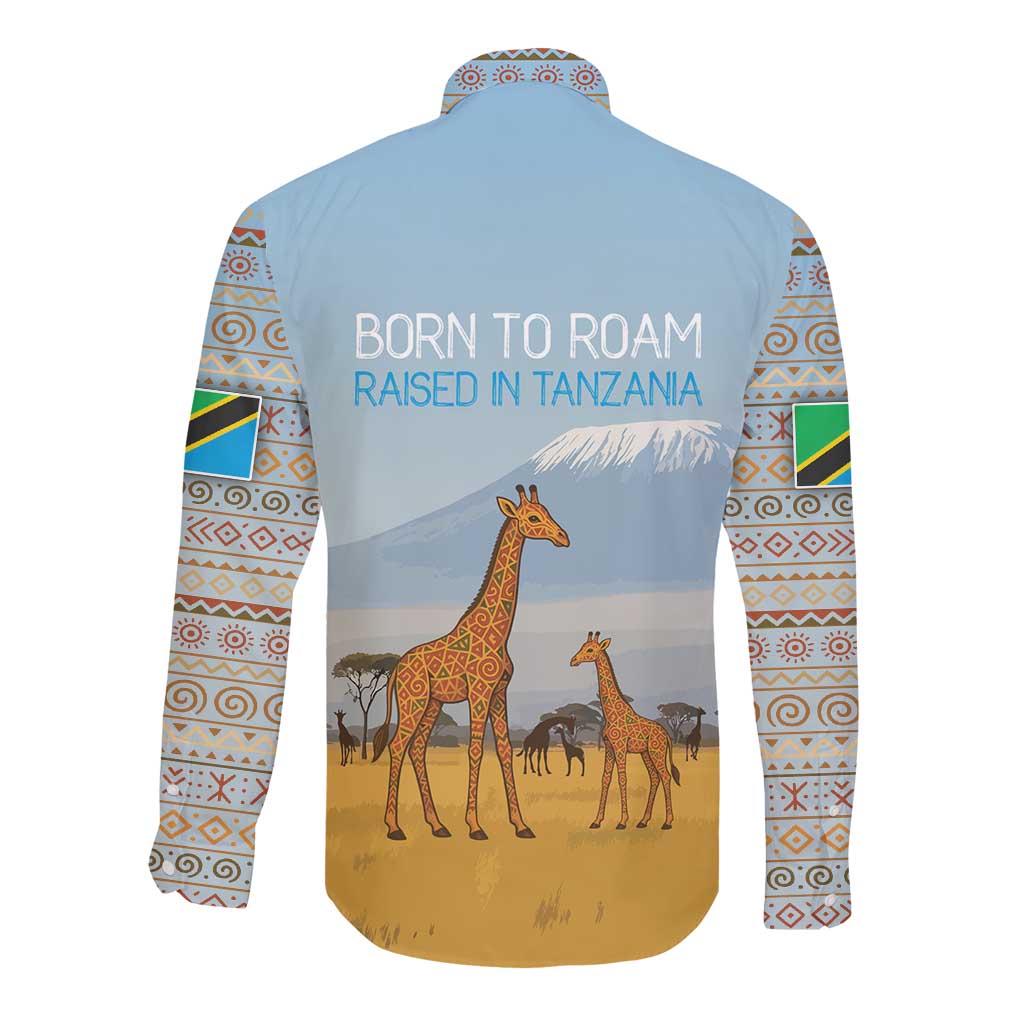 Tanzania Safari Giraffe Long Sleeve Button Shirt - Tribal Patterns and Mount Kilimanjaro Scene
