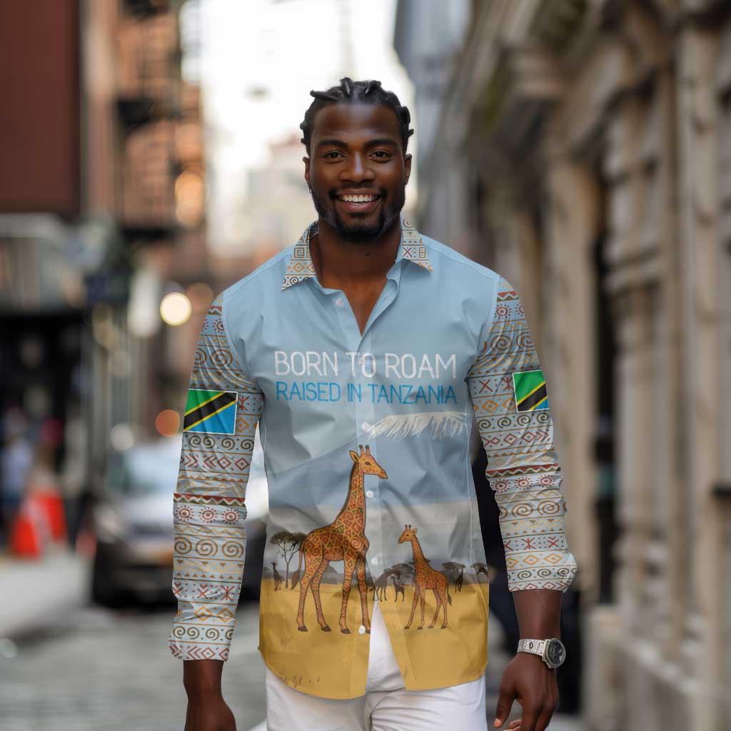 Tanzania Safari Giraffe Long Sleeve Button Shirt - Tribal Patterns and Mount Kilimanjaro Scene