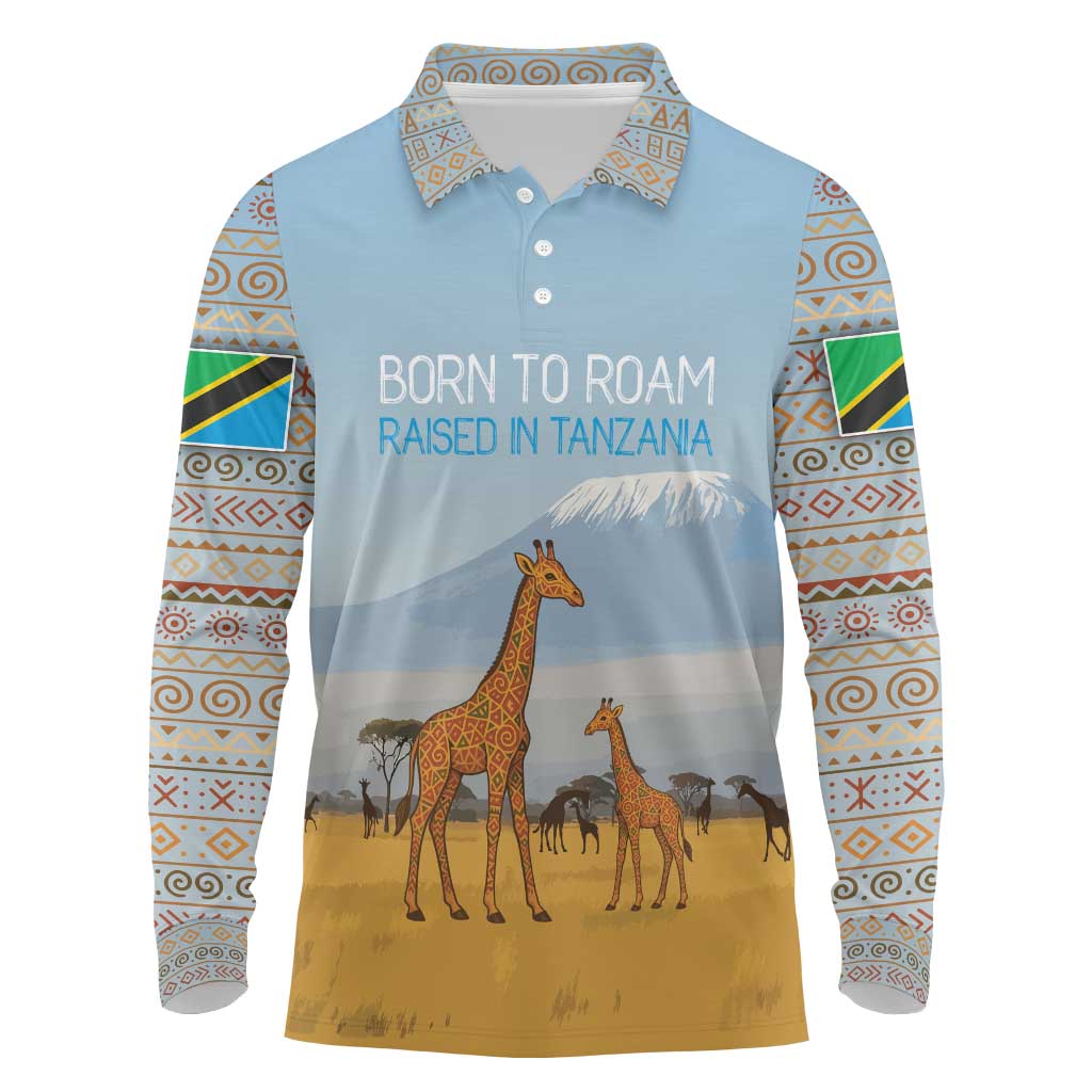 Tanzania Safari Giraffe Long Sleeve Polo Shirt - Tribal Patterns and Mount Kilimanjaro Scene