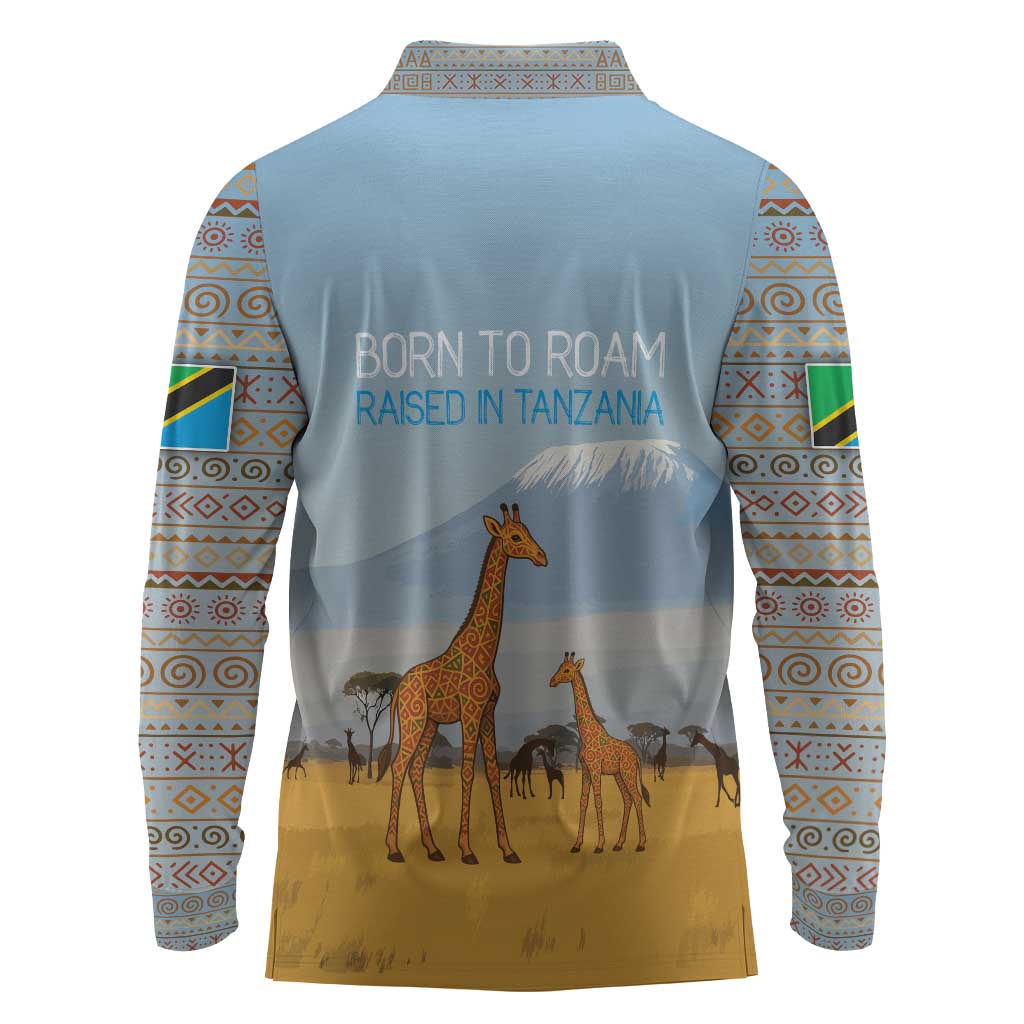 Tanzania Safari Giraffe Long Sleeve Polo Shirt - Tribal Patterns and Mount Kilimanjaro Scene