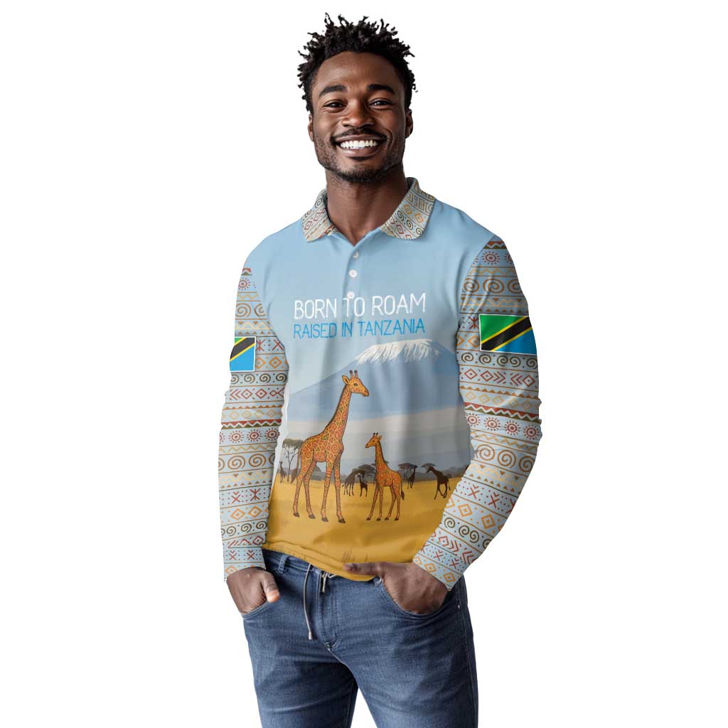 Tanzania Safari Giraffe Long Sleeve Polo Shirt - Tribal Patterns and Mount Kilimanjaro Scene