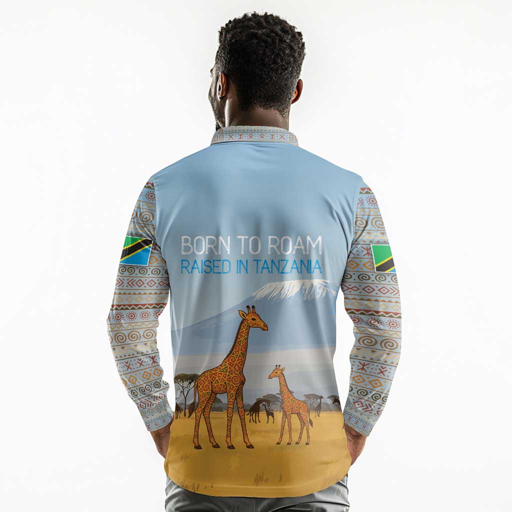 Tanzania Safari Giraffe Long Sleeve Polo Shirt - Tribal Patterns and Mount Kilimanjaro Scene