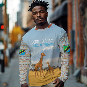 Tanzania Safari Giraffe Long Sleeve Shirt - Tribal Patterns and Mount Kilimanjaro Scene