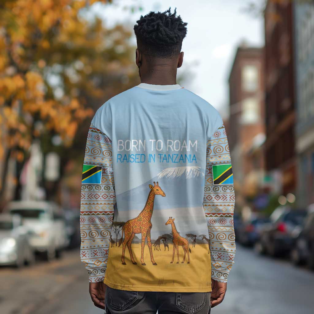 Tanzania Safari Giraffe Long Sleeve Shirt - Tribal Patterns and Mount Kilimanjaro Scene
