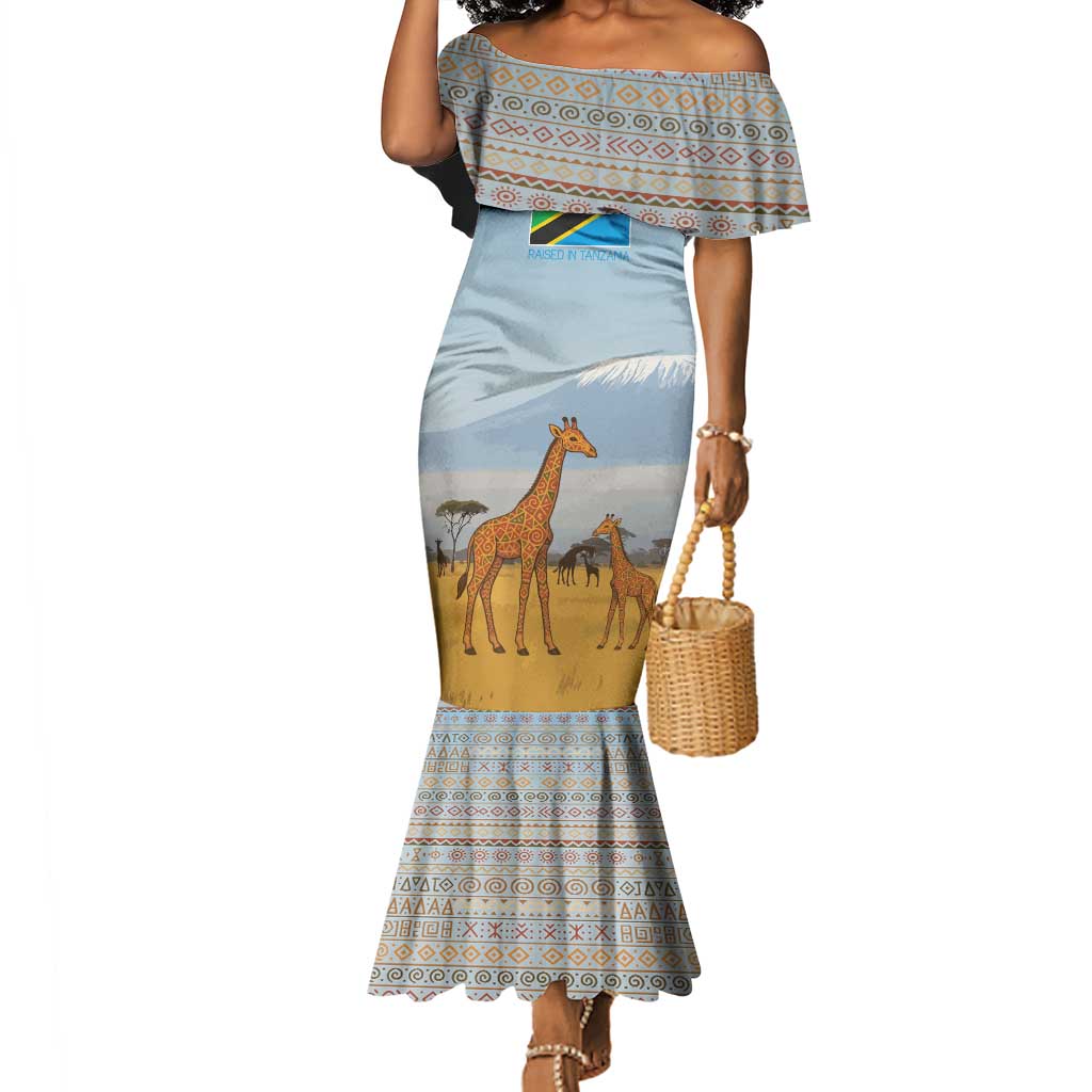 Tanzania Safari Giraffe Mermaid Dress - Tribal Patterns and Mount Kilimanjaro Scene