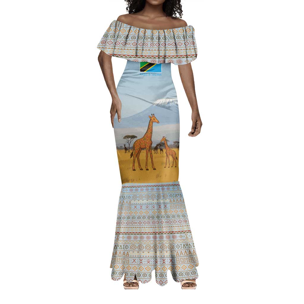 Tanzania Safari Giraffe Mermaid Dress - Tribal Patterns and Mount Kilimanjaro Scene