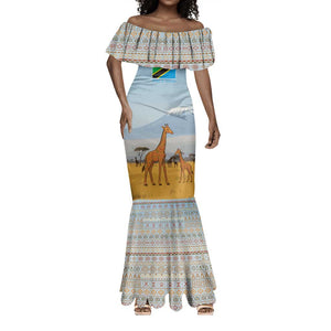 Tanzania Safari Giraffe Mermaid Dress - Tribal Patterns and Mount Kilimanjaro Scene