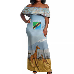 Tanzania Safari Giraffe Off Shoulder Maxi Dress - Tribal Patterns and Mount Kilimanjaro Scene