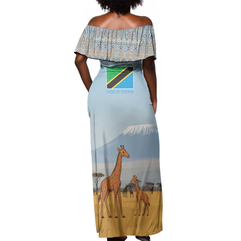 Tanzania Safari Giraffe Off Shoulder Maxi Dress - Tribal Patterns and Mount Kilimanjaro Scene