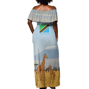 Tanzania Safari Giraffe Off Shoulder Maxi Dress - Tribal Patterns and Mount Kilimanjaro Scene