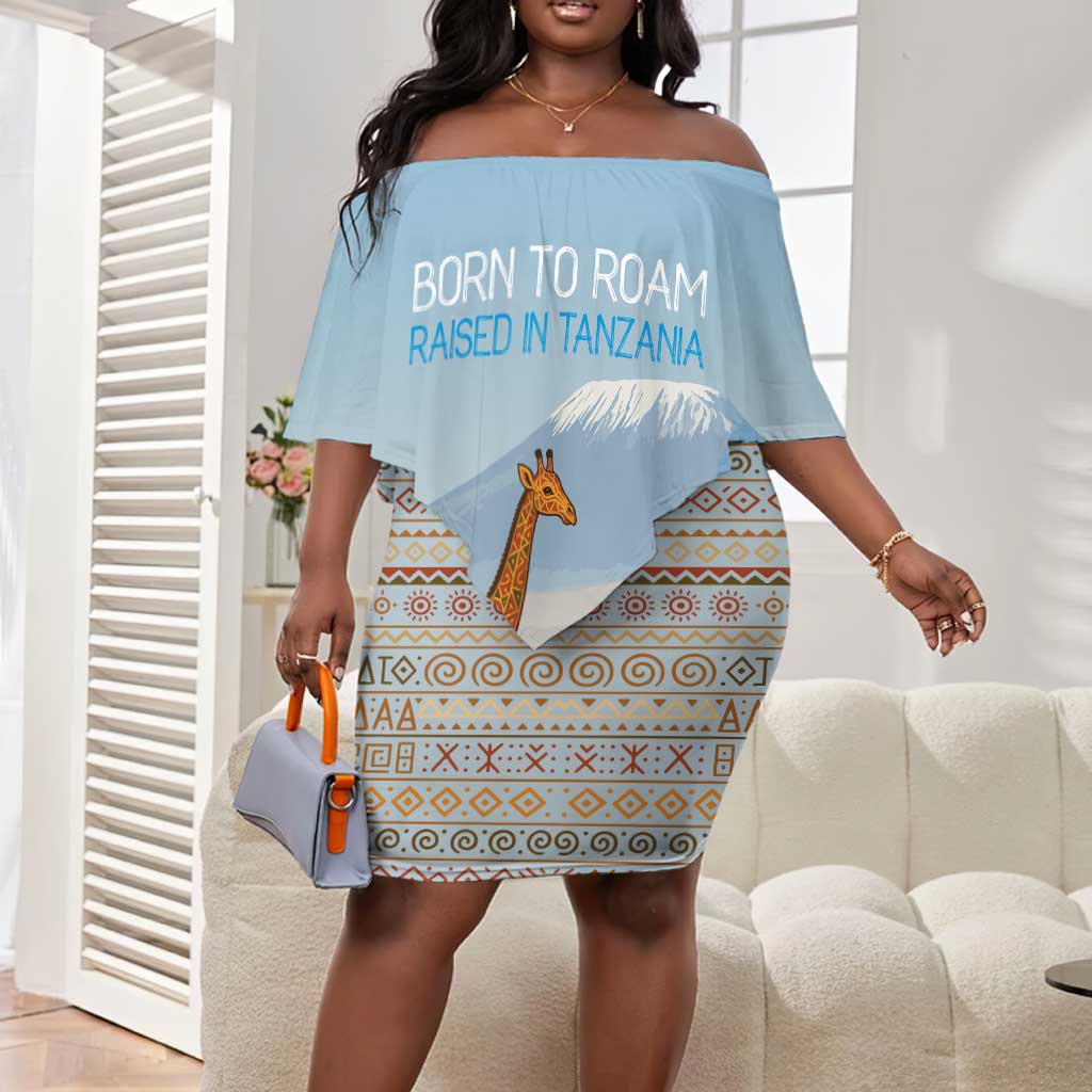 Tanzania Safari Giraffe Off Shoulder Short Dress - Tribal Patterns and Mount Kilimanjaro Scene