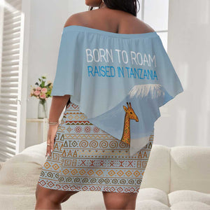 Tanzania Safari Giraffe Off Shoulder Short Dress - Tribal Patterns and Mount Kilimanjaro Scene
