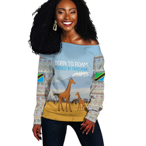 Tanzania Safari Giraffe Off Shoulder Sweater - Tribal Patterns and Mount Kilimanjaro Scene